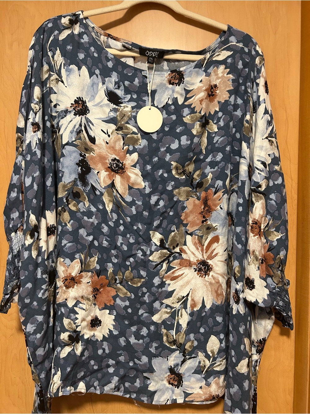 ODDY Blue Floral Dolman Tunic with Cream and Tan Blooms
